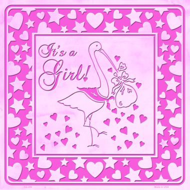 SQ-294 Its A Girl with Stork Novelty Metal Square Sign - 3.5 x 2 in.