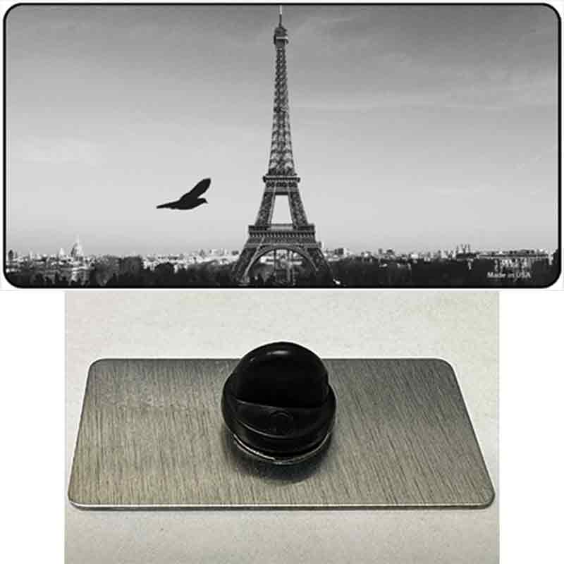 PIN-LP-11254 1.5 x 0.75 in. Eiffel Tower Black & White with Bird Novelty Rectangle Metal Hat Pin