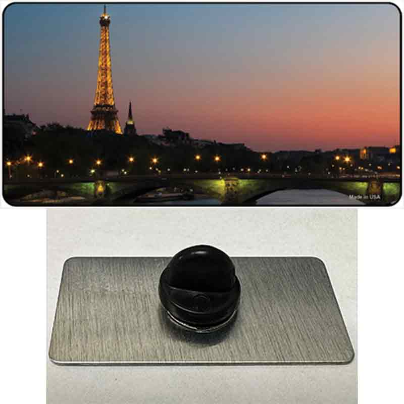 PIN-LP-11251 1.5 x 0.75 in. Eiffel Tower Night with River & Bridge Novelty Rectangle Metal Hat Pin