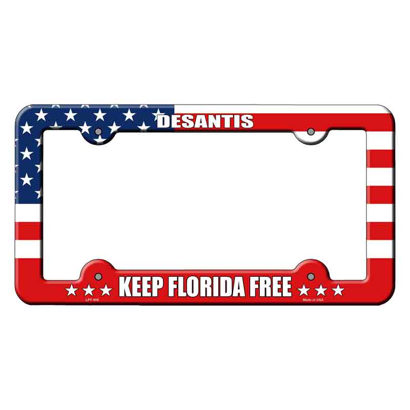 No.LPF-505 6 x 12 in. Desantis Keep Florida Free American Flag Novelty Rectangle Metal License Plate Frame