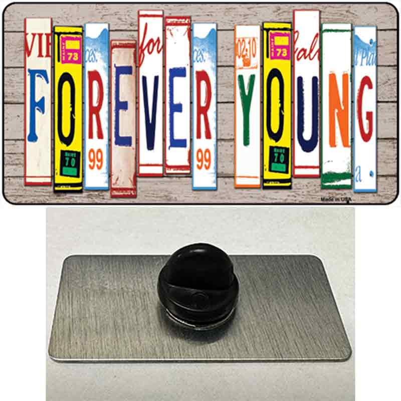 PIN-LP-7949 1.5 x 0.75 in. Forever Young Wood License Plate Art Novelty Rectangle Metal Hat Pin