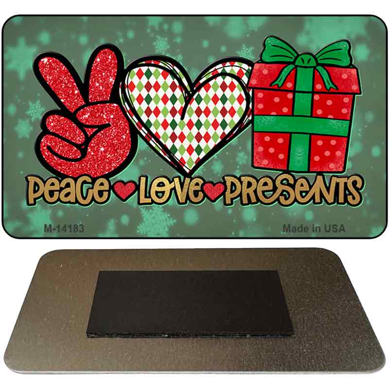 M-14183 3.5 x 2 in. Peace Love Presents Novelty Rectangle Metal Magnet