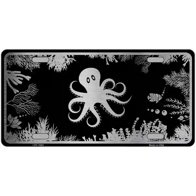 LLPC-1081 24 x 12 in. Octopus Black Brushed Chrome Novelty Metal License Plate
