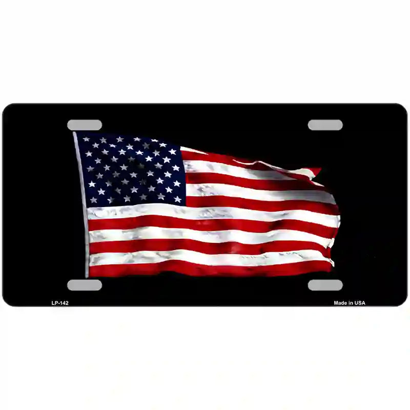 LLP-142 24 x 12 in. Waving American Flag Black Metal Novelty License Plate