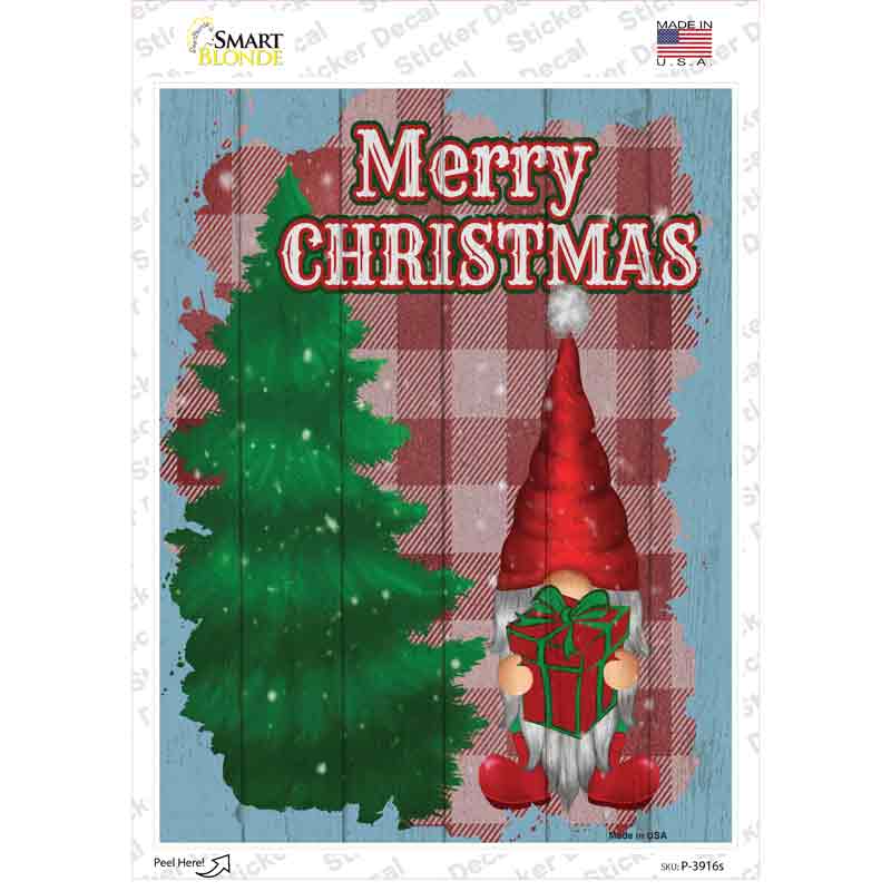 P-3916s-M Merry Christmas Red Gnome Novelty Rectangle Sticker Decal - Medium