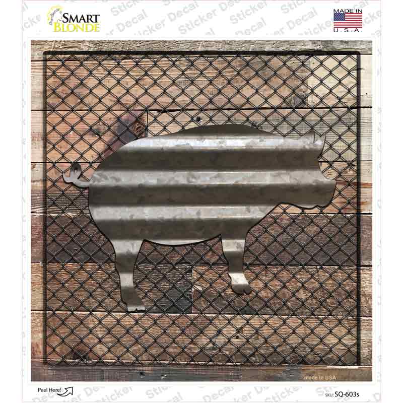 SQ-603s-M Corrugated Pig on Wood Novelty Square Sticker Decal - Medium