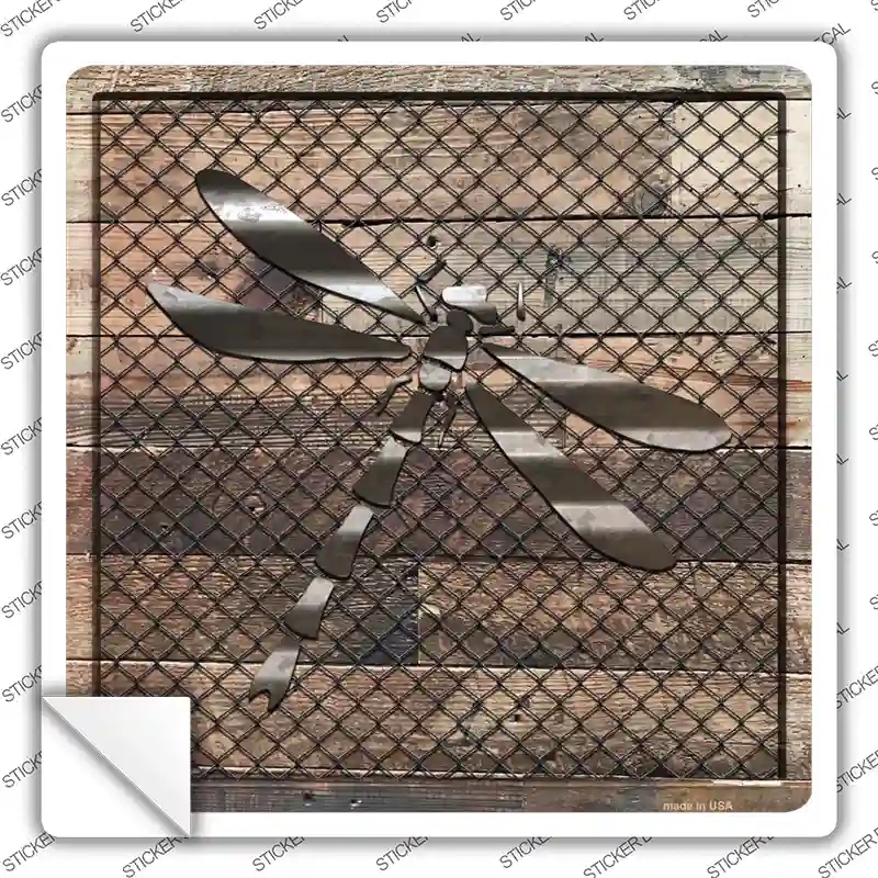SQ-615s-S Corrugated Dragonfly on Wood Novelty Square Sticker Decal - Small