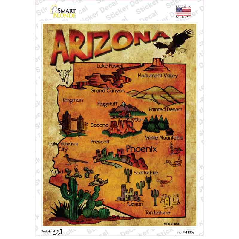 P-1136s-M Arizona Map Novelty Rectangle Sticker Decal - Medium