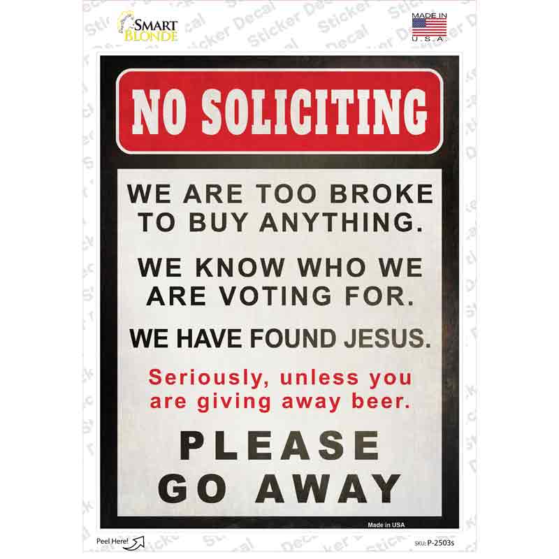 P-2503s-M No Soliciting Go Away Novelty Rectangle Sticker Decal - Medium