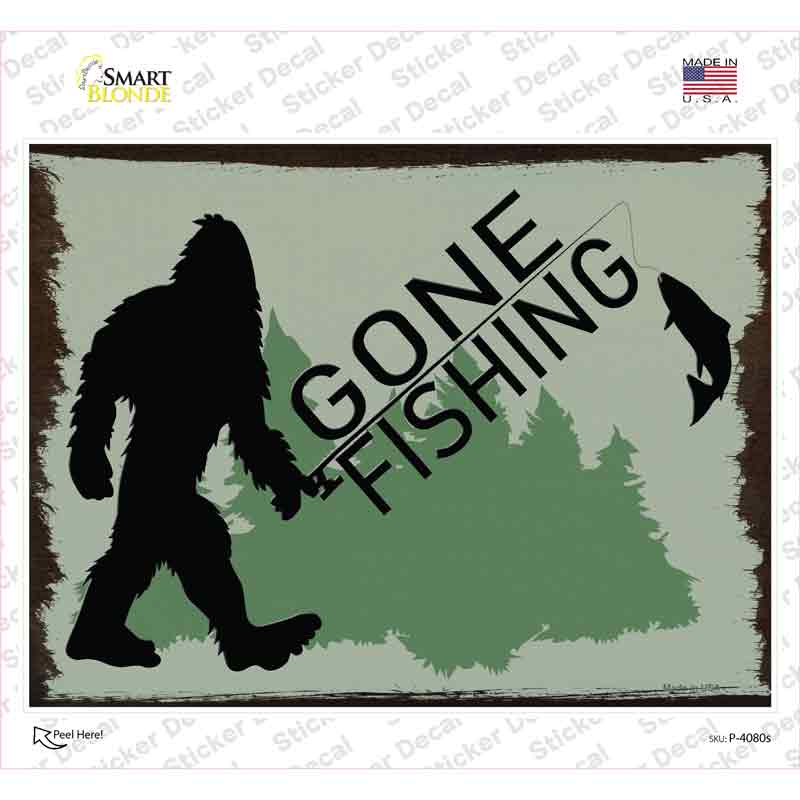 P-4080s-M Bigfoot Gone Fishing Novelty Rectangle Sticker Decal - Medium