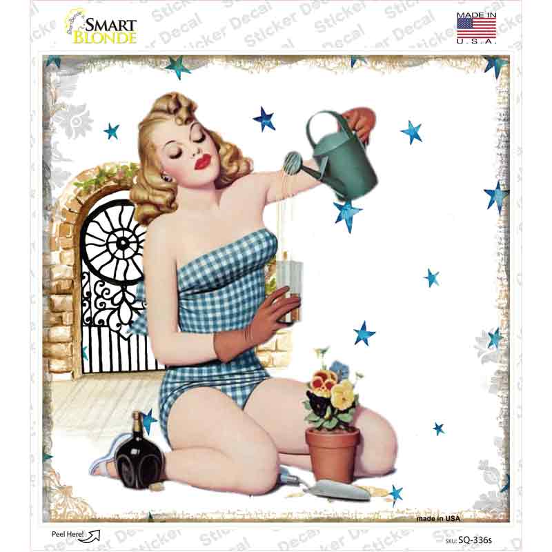 SQ-336s-M Gardening Girl Novelty Square Sticker Decal - Medium
