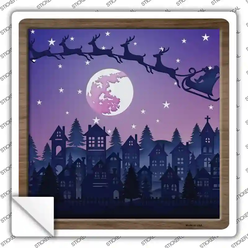 SQ-1356s-S Santa Over Town Shadow Box Novelty Square Sticker Decal - Small