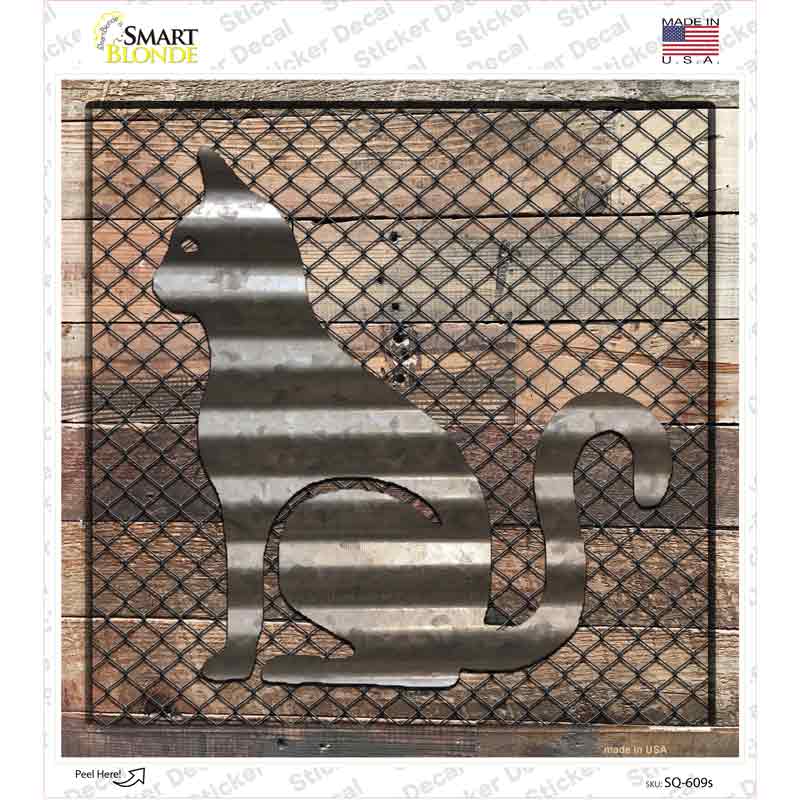 SQ-609s-M Corrugated Cat on Wood Novelty Square Sticker Decal - Medium