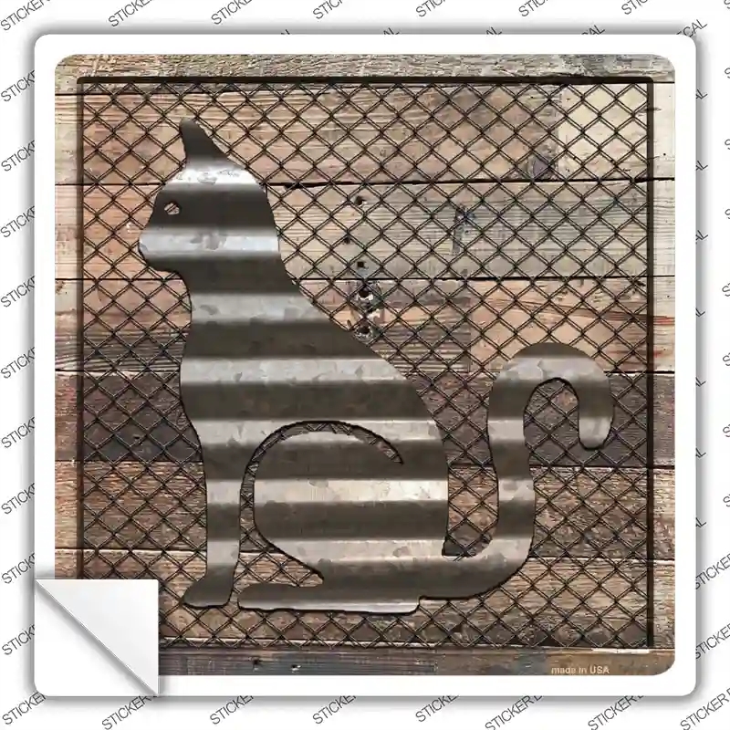 SQ-609s-S Corrugated Cat on Wood Novelty Square Sticker Decal - Small