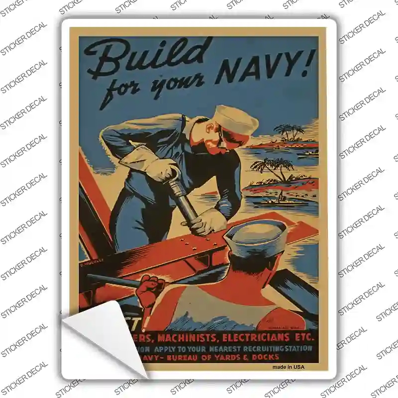 P-1937s-S Build Your Navy Vintage Poster Novelty Rectangle Sticker Decal - Small