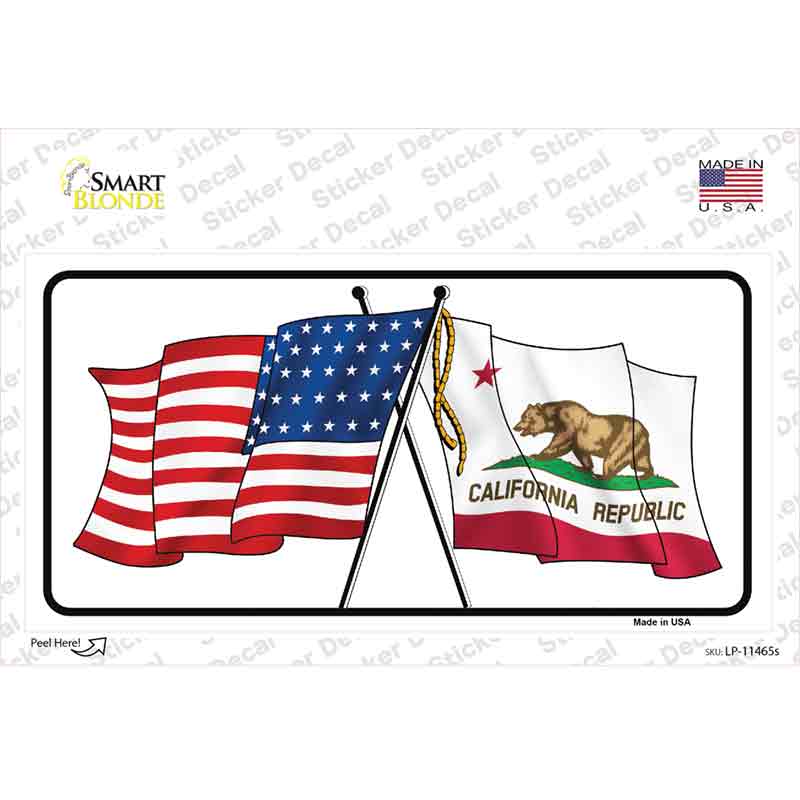 LP-11465s-M California Crossed US Flag Novelty Sticker Decal - Medium