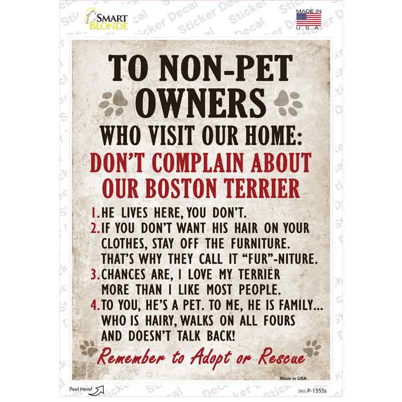 P-1555s-M Complain About Our Boston Terrier Novelty Rectangle Sticker Decal - Medium