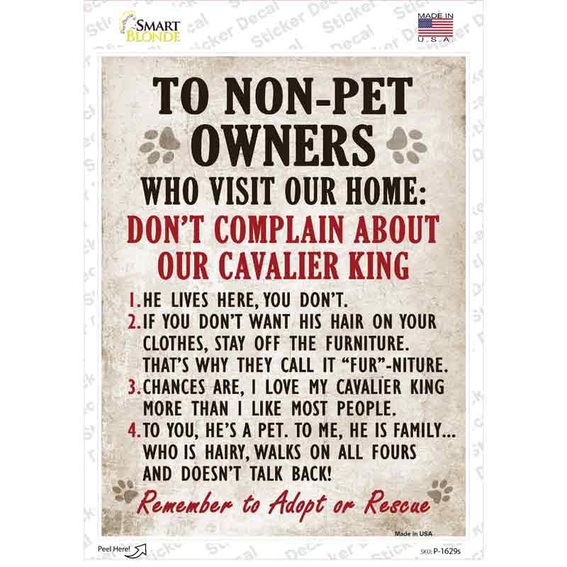 P-1629s-M Non-Pet Owners Cavalier King Novelty Rectangle Sticker Decal - Medium