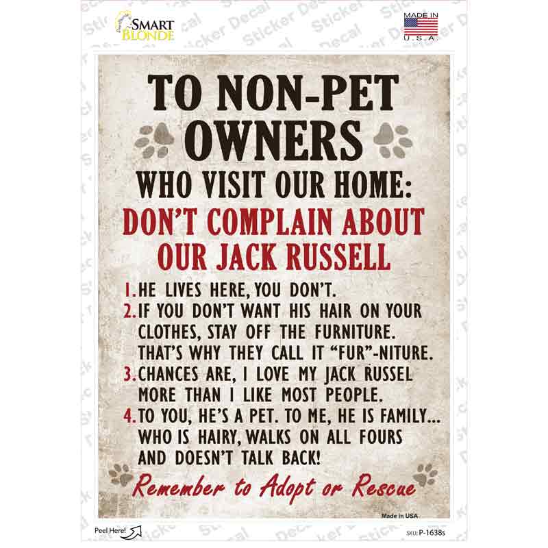 P-1638s-M Non-Pet Owners Jack Russell Novelty Rectangle Sticker Decal - Medium