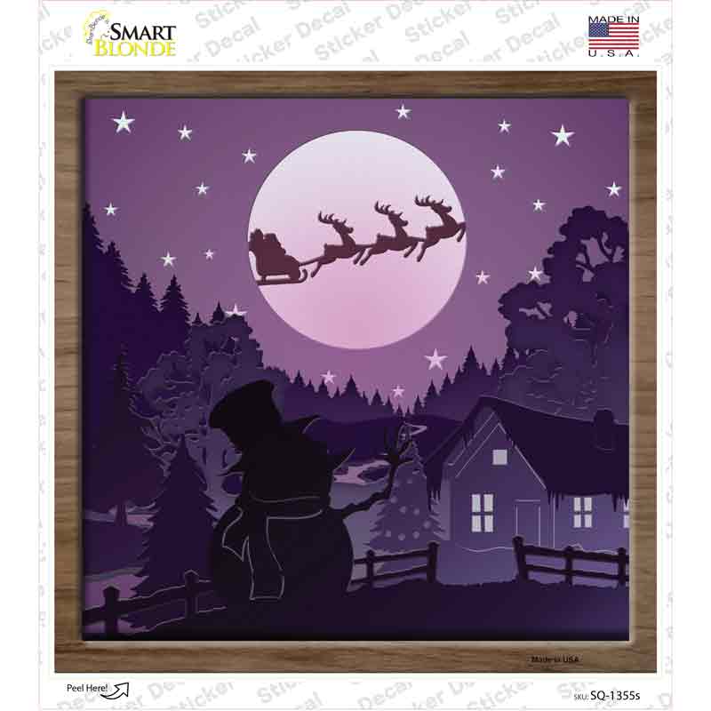 SQ-1355s-M Santa Over Snowman Shadow Box Novelty Square Sticker Decal - Medium