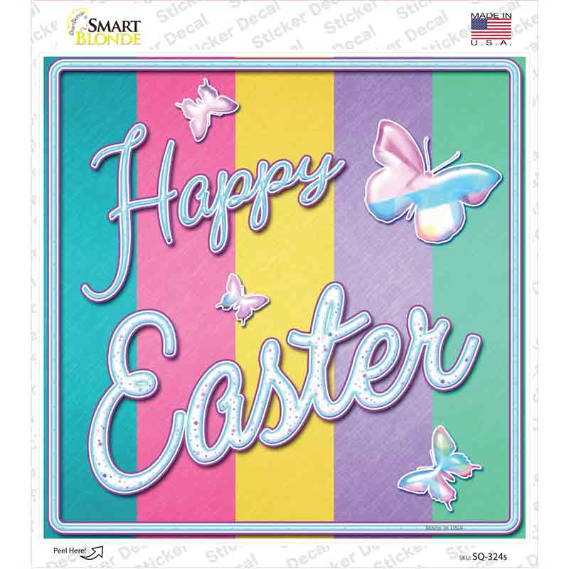 SQ-324s-M Happy Easter with Butterflies Novelty Square Sticker Decal - Medium
