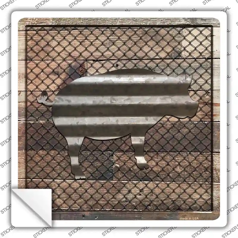 SQ-603s-S Corrugated Pig on Wood Novelty Square Sticker Decal - Small