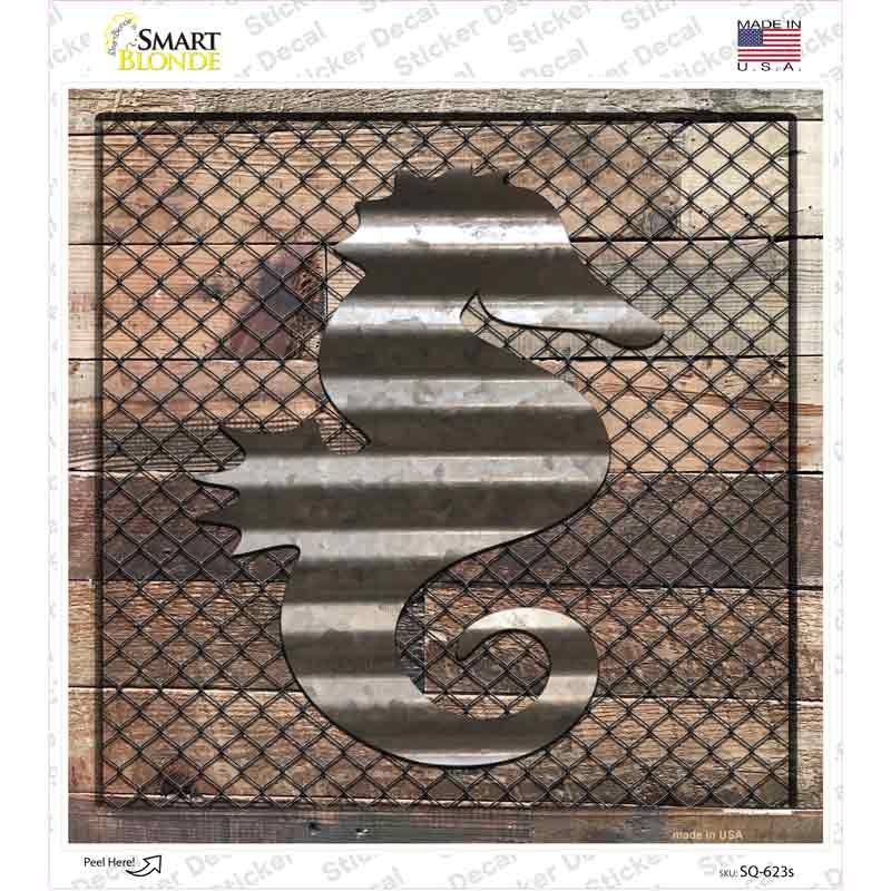 SQ-623s-M Corrugated Seahorse on Wood Novelty Square Sticker Decal - Medium