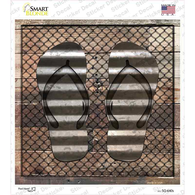SQ-640s-M Corrugated Flip Flops on Wood Novelty Square Sticker Decal - Medium