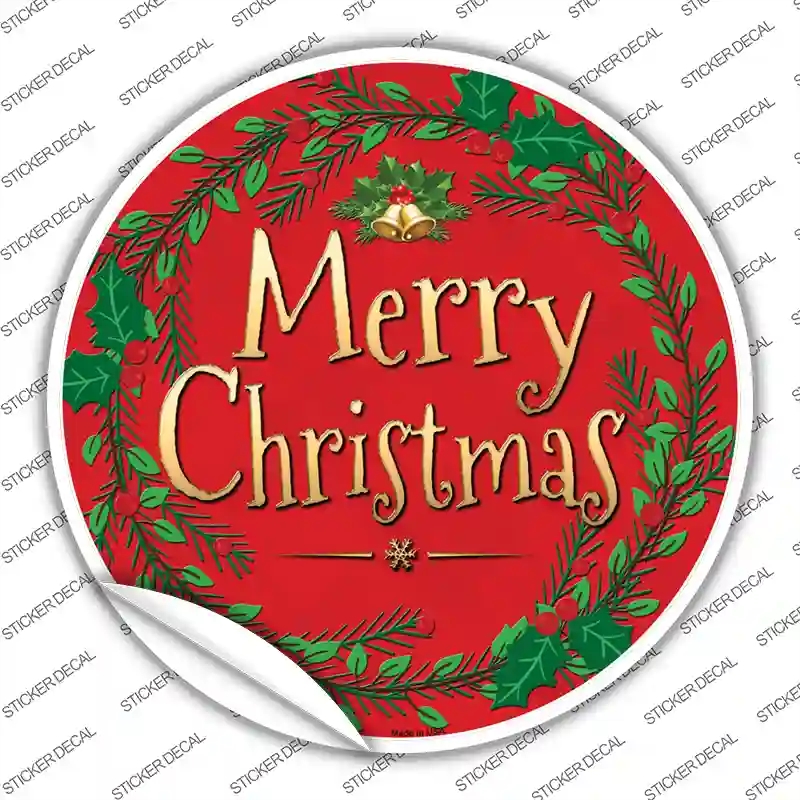 C-558s-L Merry Christmas Red Wreath Novelty Circle Sticker Decal - Large