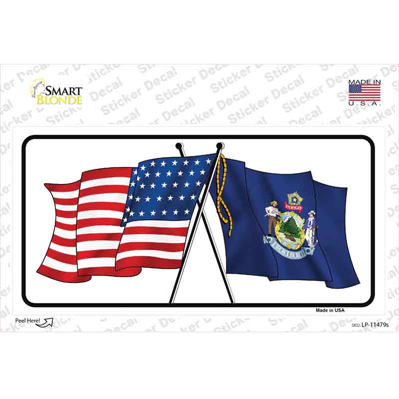 LP-11479s-M Maine Crossed US Flag Novelty Sticker Decal - Medium