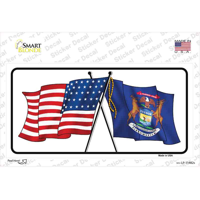 LP-11482s-M Michigan Crossed US Flag Novelty Sticker Decal - Medium