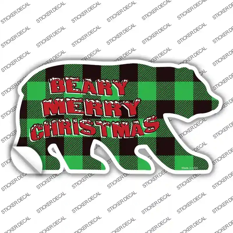 BR-068s-S Beary Merry Christmas Green Novelty Bear Sticker Decal - Small