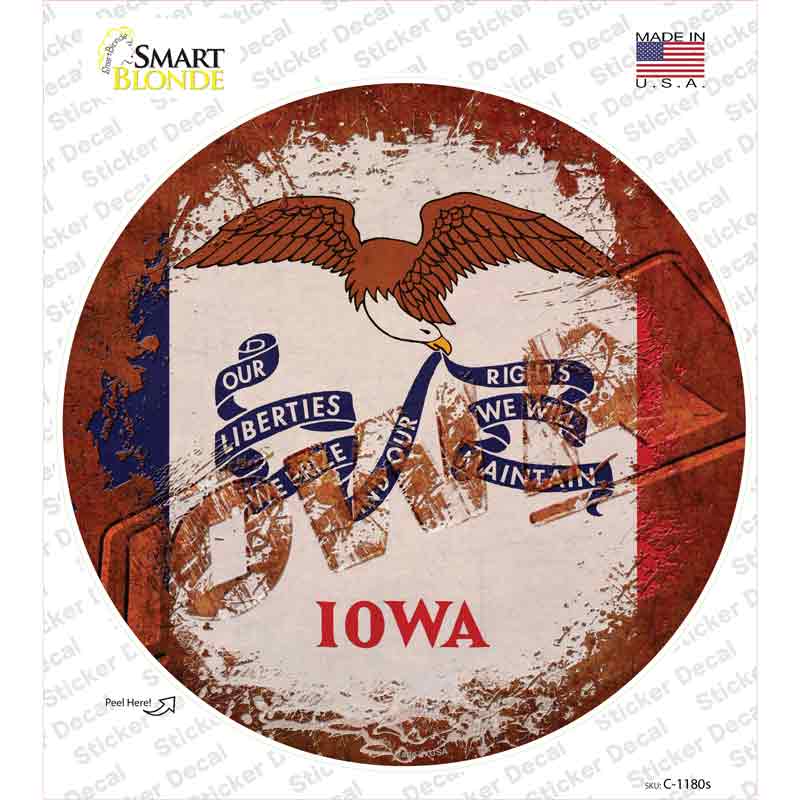 C-1180s-M Iowa Rusty Stamped Novelty Circle Sticker Decal - Medium