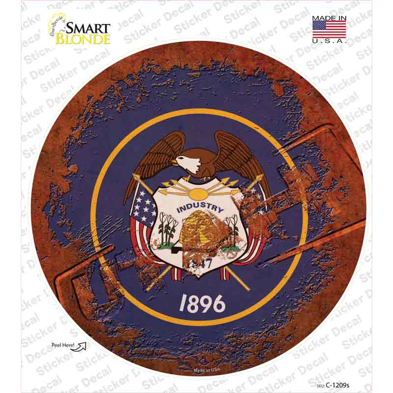 C-1209s-M Utah Rusty Stamped Novelty Circle Sticker Decal - Medium