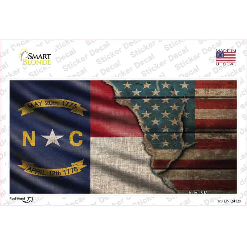 LP-12412s-M North Carolina & American Flag Novelty Sticker Decal - Medium