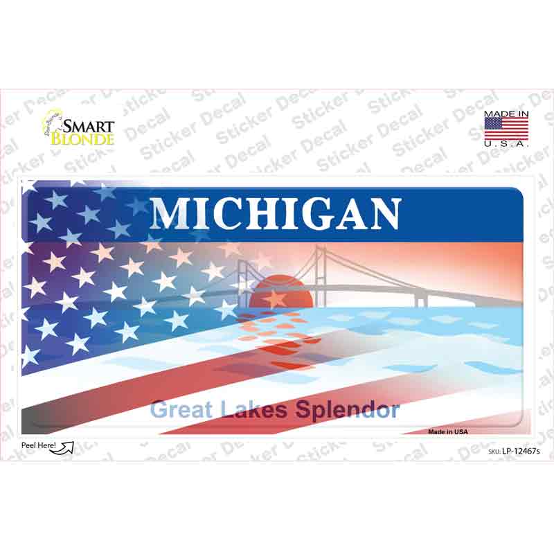 LP-12467s-M Michigan Half American Flag Novelty Sticker Decal - Medium