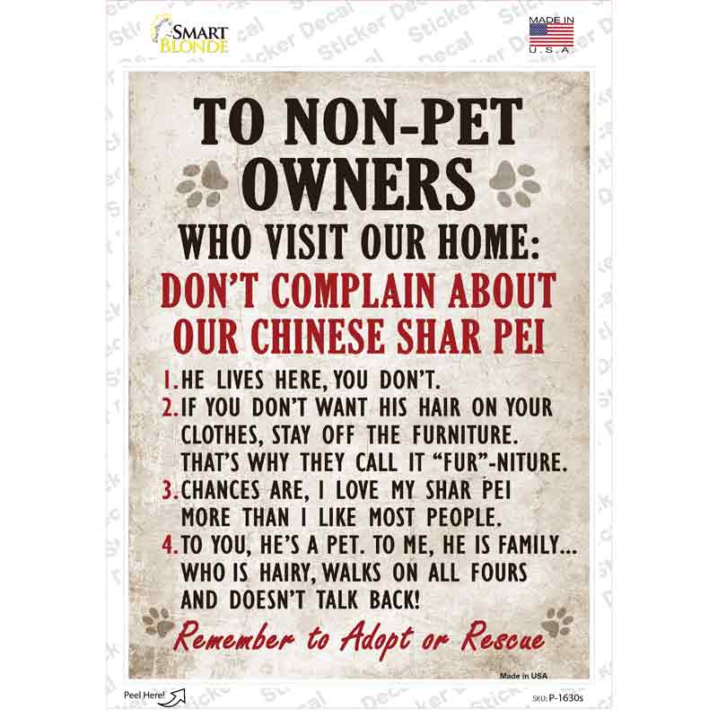 P-1630s-M Non-Pet Owners Chinese Shar Pei Novelty Rectangle Sticker Decal - Medium