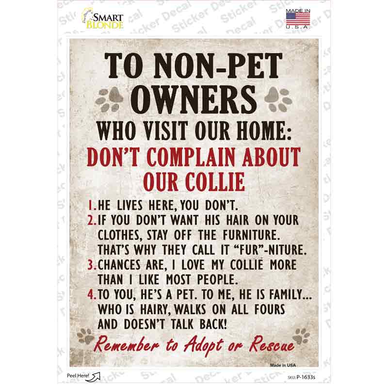 P-1633s-M Non-Pet Owners Collie Novelty Rectangle Sticker Decal - Medium