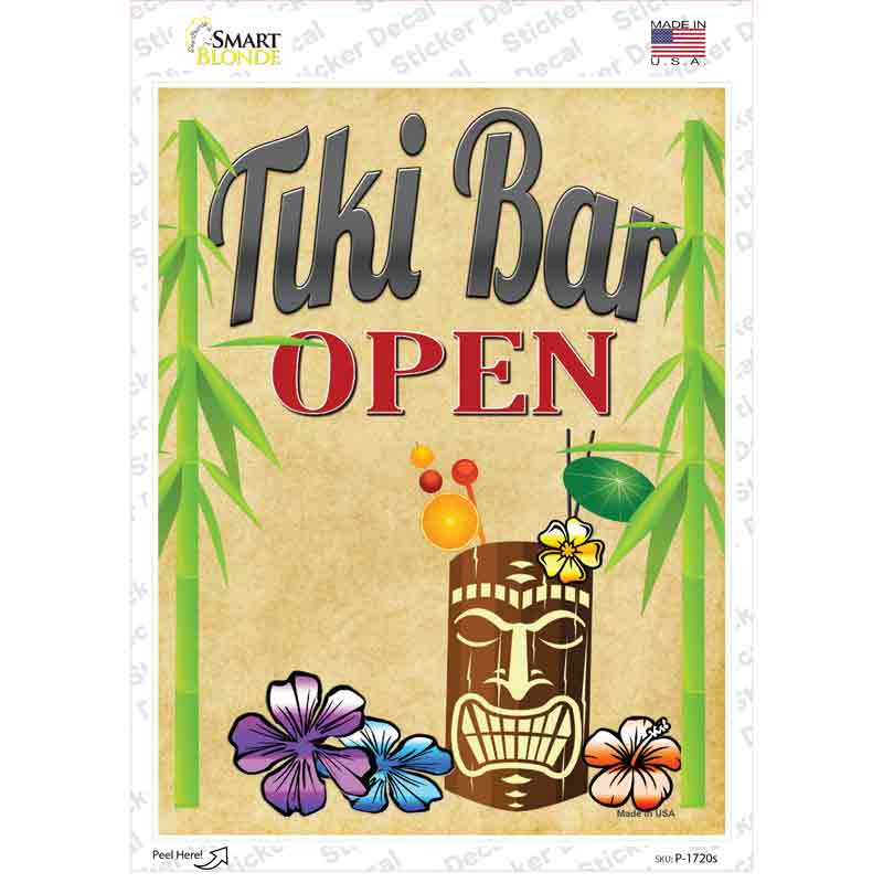 P-1720s-M Tiki Bar Open Novelty Rectangle Sticker Decal - Medium