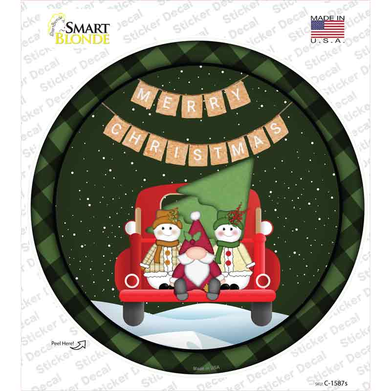 C-1587s-M Merry Christmas Truck Novelty Circle Sticker Decal - Medium