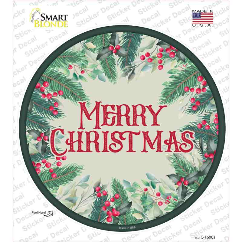 C-1606s-M Merry Christmas Red Berries Novelty Circle Sticker Decal - Medium