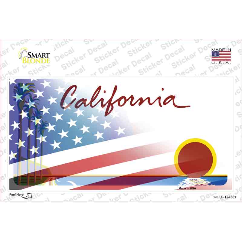 LP-12438s-M California Palm American Flag Novelty Sticker Decal - Medium