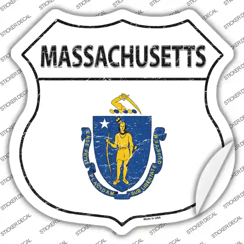 HS-129s-S Massachusetts Flag Novelty Highway Shield Sticker Decal - Small