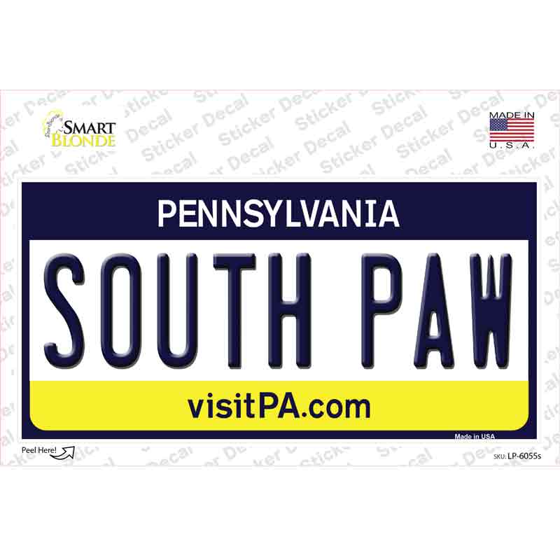 LP-6055s-M South Paw Pennsylvania State Novelty Sticker Decal - Medium