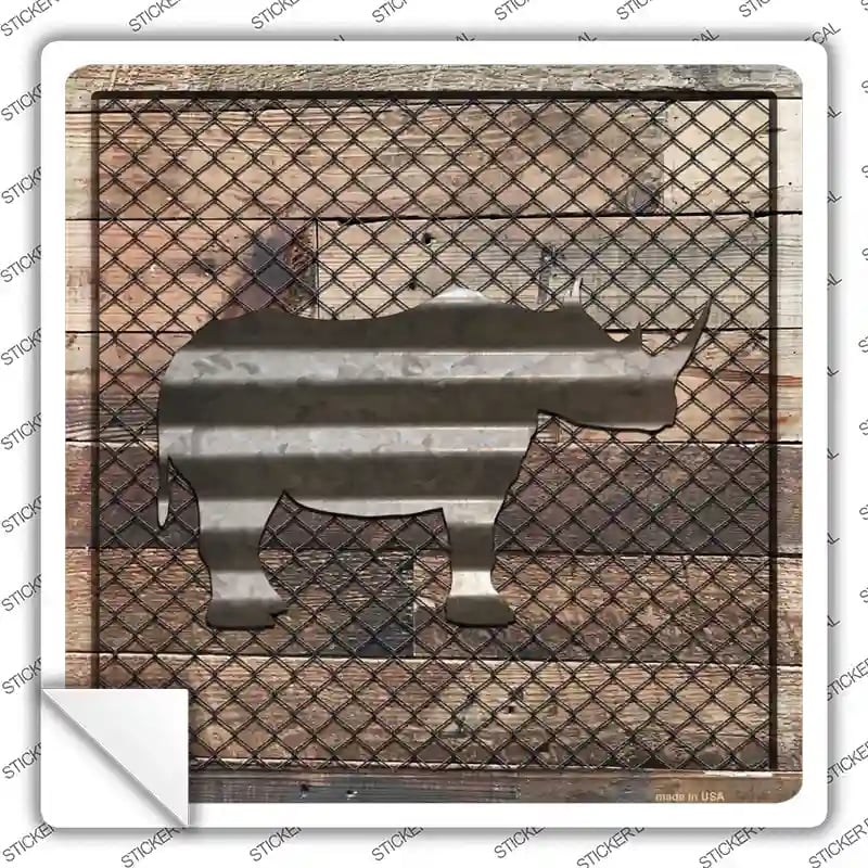 SQ-628s-S Corrugated Rhino on Wood Novelty Square Sticker Decal - Small