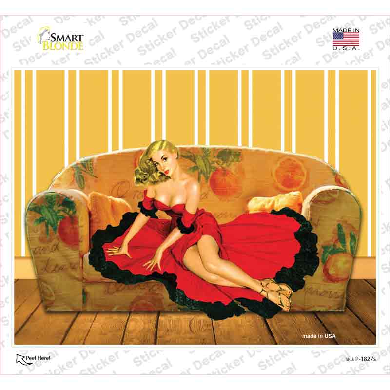P-1827s-M Girl on Couch Vintage Pinup Novelty Rectangle Sticker Decal - Medium