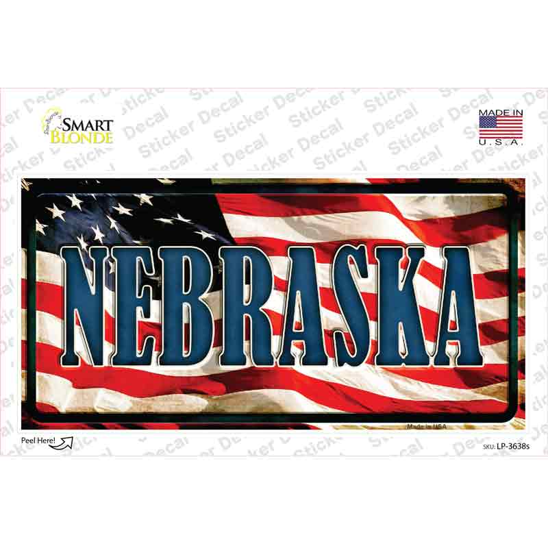 LP-3638s-M Nebraska on American Flag Novelty Sticker Decal - Medium