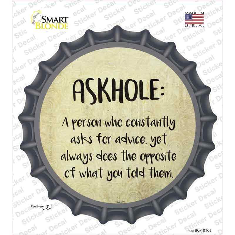 BC-1016s-M Askhole Definition Novelty Bottle Cap Sticker Decal - Medium
