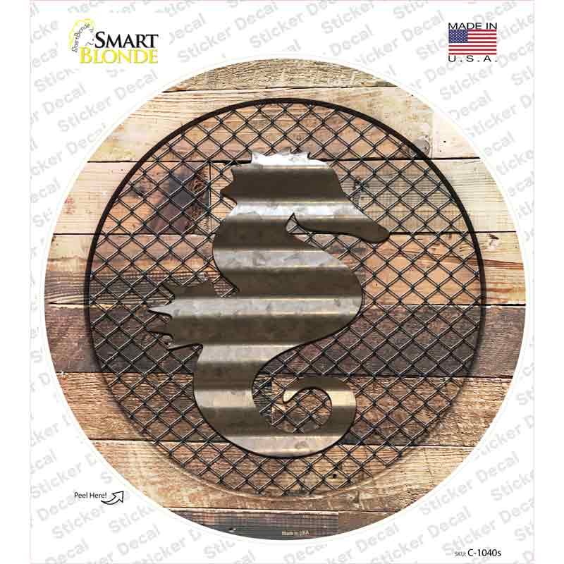 C-1040s-M Seahorse on Wood Novelty Circle Sticker Decal - Medium