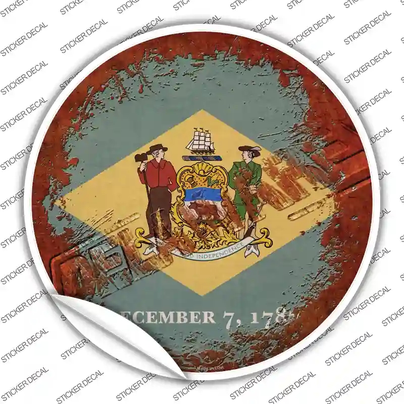 C-1173s-L Delaware Rusty Stamped Novelty Circle Sticker Decal - Large